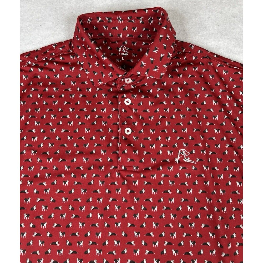 Rhoback Shirt Mens Large Red Short Sleeve Dog Print Performance Golf Polo